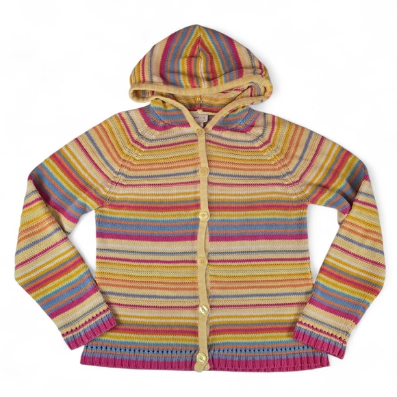 Crystal-Kobe Sweaters - Vintage 90s Hooded Stripe Cardigan Ramie Cotton Boho Beachy Sweater Women M